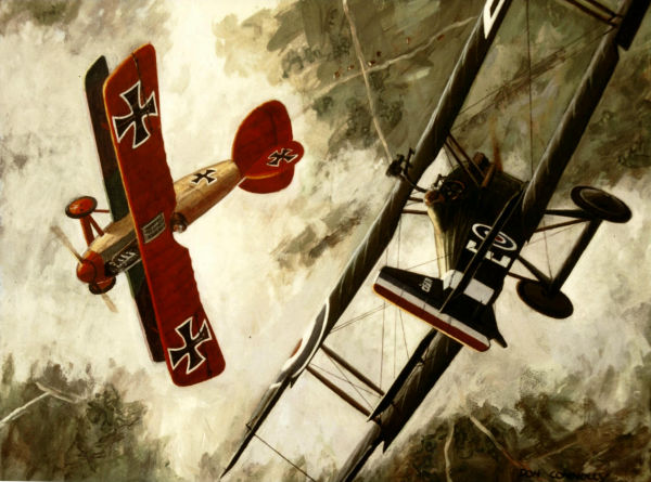 Manfred von Richthofen is shown flying an Albatros D.III fighter shortly after deciding to add red paint to his aircraft to avoid friendly fire from the German infantry. At this point, the Baron only had the nose, wings, tail and undercarriage painted red. By Don Connolly